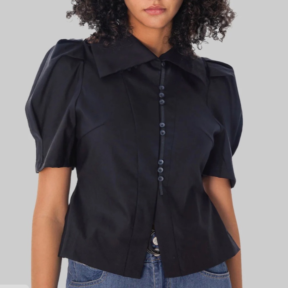 S•Deer retro high collar puff sleeve shirt